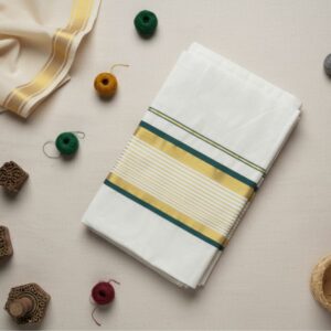 Handloom Off-White Saree with Green & Golden Stripes